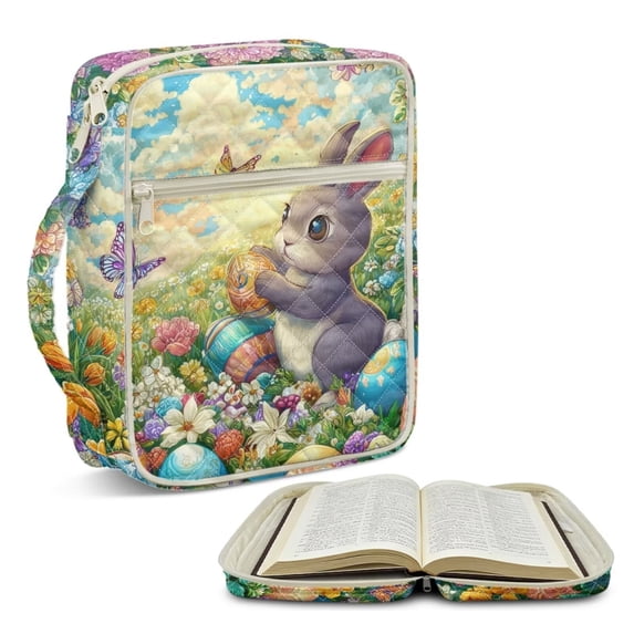 FOR U DESIGNS Rabbit Easter Egg Flower Pattern Bible Cover Quilted Protective Church Organizer Holder Bag Large Capacity Church Bag Bible Protective Easter Gifts