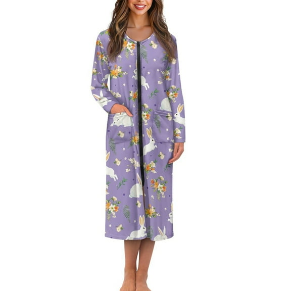 FOR U DESIGNS Rabbit Flower Purple Pattern House Dresses for Women Comfortable House Dresses for Older Women Zip Up Zipper Dusters Robe House Coat with Pockets, L