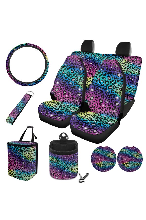 FOR U DESIGNS Rainbow Leopard Print 10 Pack Car Seat Covers Set Wear-Resistan Front Rear Seat Covers, Steering Wheel Cover, Air Vent Storage, Garbage Can, Cup Coaster, Keychain for SUV Truck