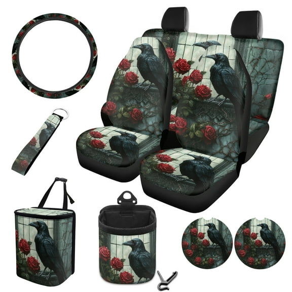 FOR U DESIGNS Raven Rose Pattern Car Seat Covers Full Set Scratch-Resistant Steering Wheel Cover, Hanging Auto Trash Can, Air Vent Pouch, Coasters, Keychain Interior, Pack of 10