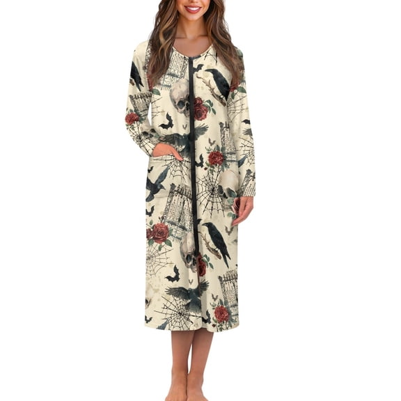 FOR U DESIGNS Raven Rose Spider Web Print House Dresses for Women Breathable Long Sleeve Night Gowns Soft Long Sleeve Women Zipper Robes Knit Nightgowns for Woman, 3XL