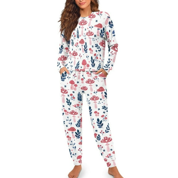 FOR U DESIGNS Red Mushroom Pajama Sets for Women 2 Piece Long Sleeve Drawstring Lounge Pants Size M Ladies Nightwear Pajamas Set Sleepwear Long Tops for Women