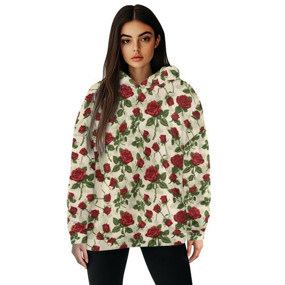 FOR U DESIGNS Red Rose Women Hoodies Oversized Long Sleeve Basic Sweatshirts Pullover Sweater Outfits Size 2XL Women Activewear Down-Shoulder Collar Tops Winter