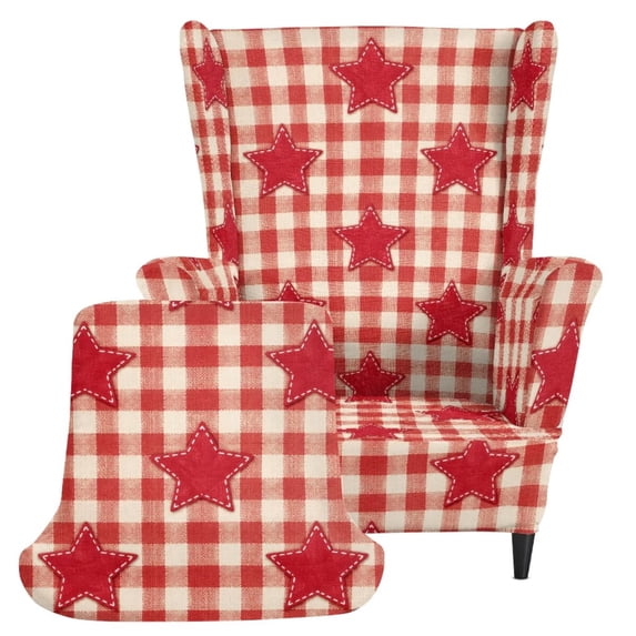 FOR U DESIGNS Red Star Plaid Print 2-Piece Non-Slip Wingback Chair Cover Washable Stretch Wing Chair Cover with Cushion Cover Easy to Install Furniture Protector for Living Room