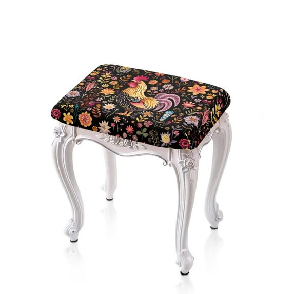 FOR U DESIGNS Rooster Chicken Flower Print Stool Covers Rectangle 2 Pack Soft Bar Stool Covers Anti-Slip Vanity Bench Slip Cover Bench Seat Protector Home Decor Accessories