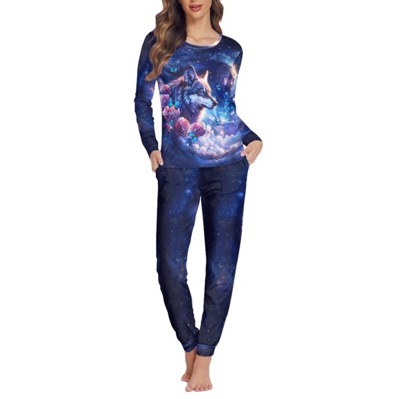 FOR U DESIGNS Rose Butterfly Wolf Womens Pajama Sets Long Sleeve Long Pants and Crewneck Tops 2PCS Size L Small Jogger for Women with Pockets Nightwear for Women