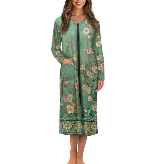 FOR U DESIGNS Rose Retro Green Print Womens Nightgown Breathable Long Sleeve Duster Robe Lightweight Woven Housecoat House Dresses for Women with Pockets , 4XL