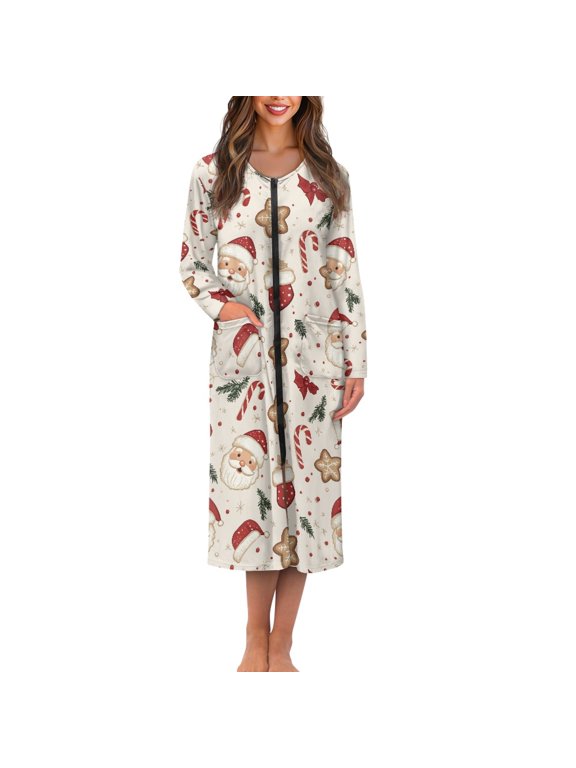 FOR U DESIGNS Santa Claus Cane Candy Pattern House Dresses for Women Lightweight House Dresses for Older Women Comfortable Woman Zipper Robes Knit Women's Sleepwear Christmas Decor, XL