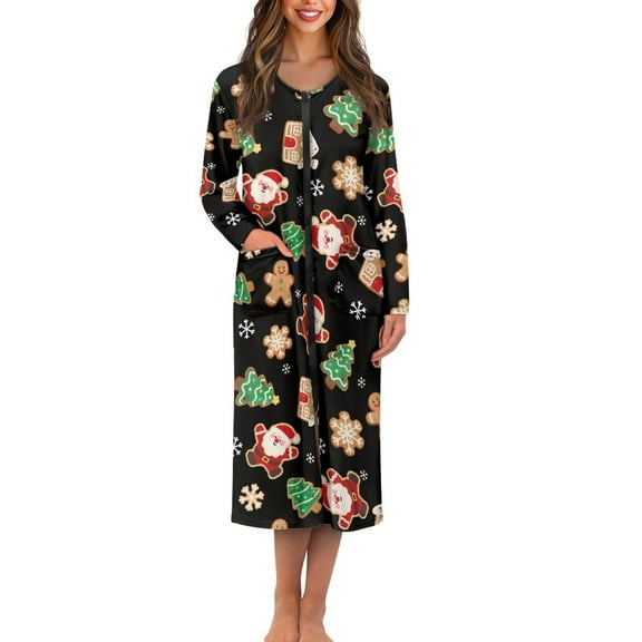 FOR U DESIGNS Santa Claus Gingerbread Man Print Womens Nightgown Soft House Dresses for Women with Pockets, Lightweight Elastic Fabric Robes for Women Zipper Christmas Decor, 2XL