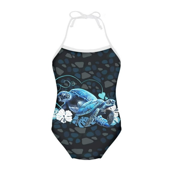 FOR U DESIGNS Sea Turtle Halter Swimwear for Girls Casual One Piece Bathing Suit for Swimming Class Comfy Backless Swimwear Cute Girl Summer Swimsuit Size 9-10