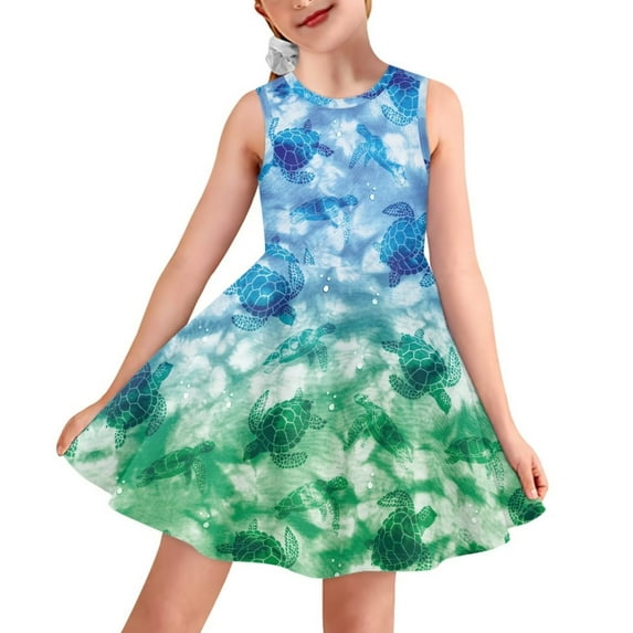 FOR U DESIGNS Sea Turtle Sleeveless Sundress for Girls 5-6 Years Old Casual A Line Skater Dresses for Teens Casual Midi Dress for School Party, Athletic Activewear