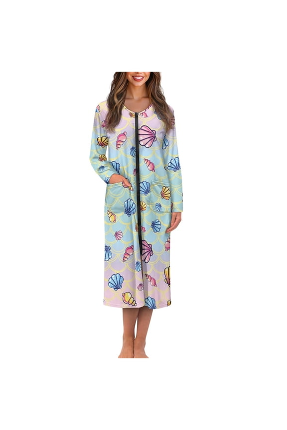 FOR U DESIGNS Seashell Fish Scales Print Women Nightgown Soft House Dresses for Woman with Pockets, Lightweight Elastic Fabric Robes for Woman Zipper Mumu Dress, 2XL