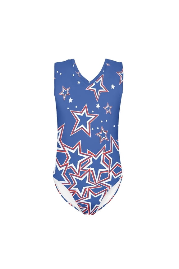 FOR U DESIGNS Skin-Friendly One Piece Swimwear Stars American Flag Sleeveless Bathing Suit for Beach Swimming Pool Quick Dry V-Neck Swimsuit for Age 9-10