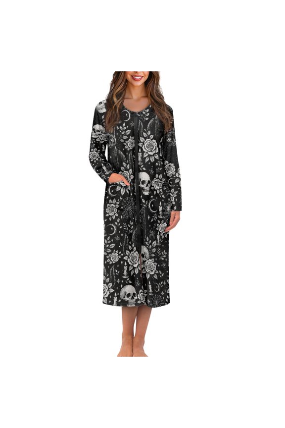 FOR U DESIGNS Skull Flower Print House Dresses for Woman Breathable House Dress with Pockets, Zip Up Elastic Fabric Robes for Woman Long Sleeve Mumu Dress, XL