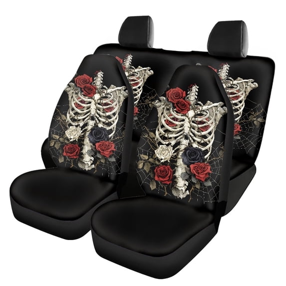 FOR U DESIGNS Skull Rose Print Automotive Seat Cover Stretch Front Seats and Rear Bench Seat Wear-Resistan Split Bench Compatible Car Interior Covers, Pack of 4