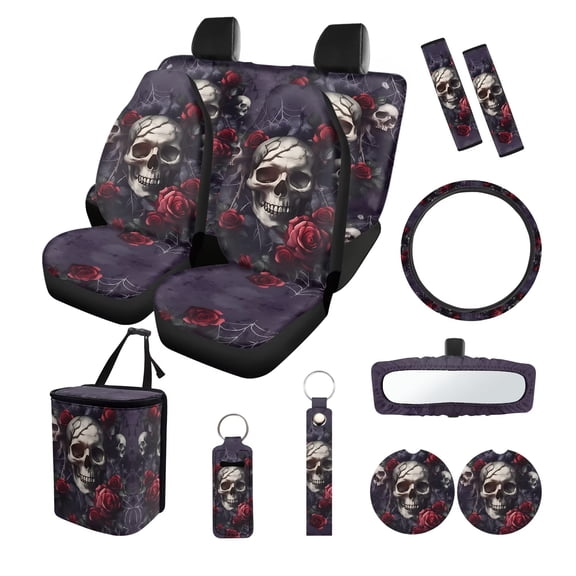 FOR U DESIGNS Skull Rose Spider Web Print Car Seat Covers Set of 13 Includes Steering Wheel Cover, Seat Belt Covers, Coasters, Car Garbage Can, Rearview Mirror Cover, Keychains