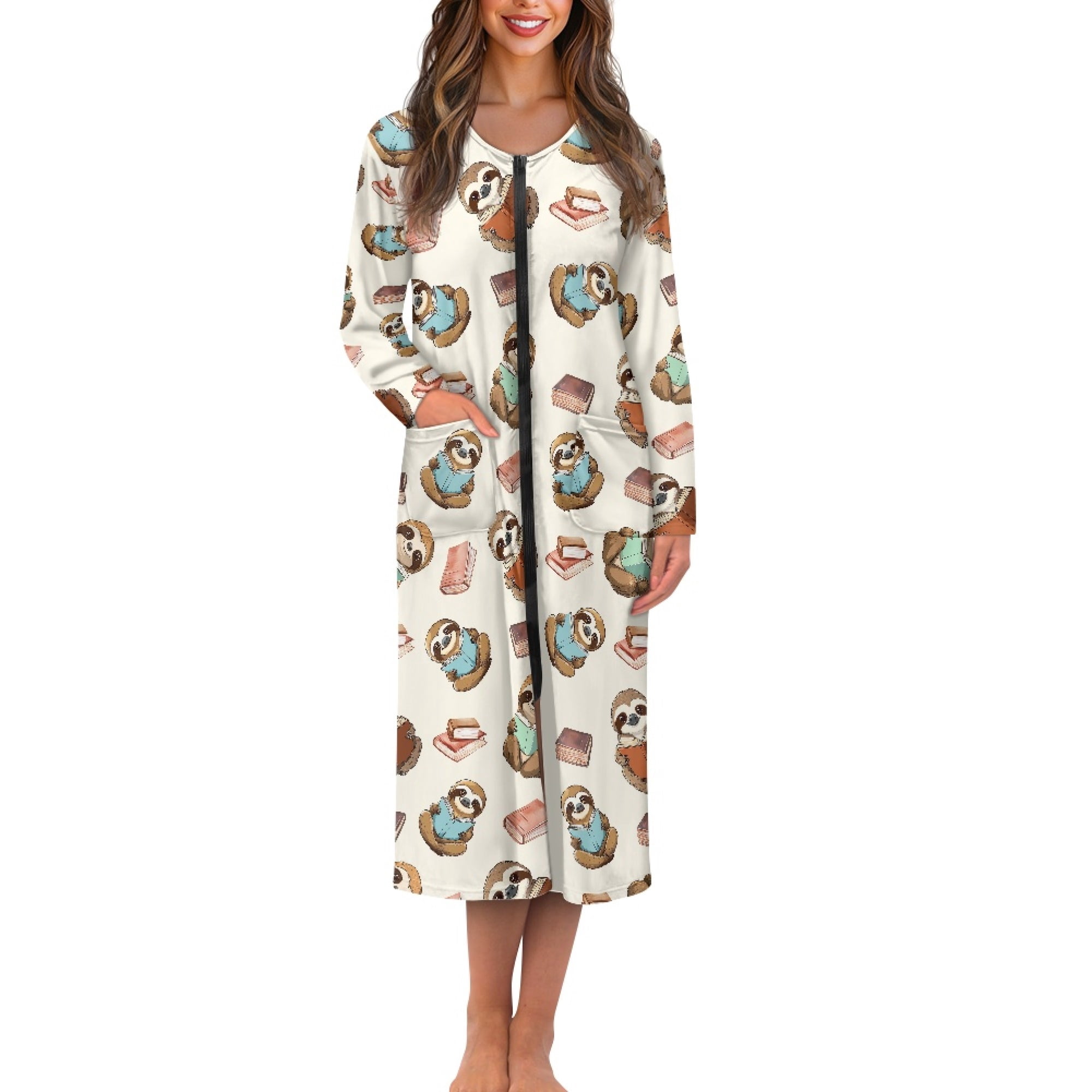 ForUDesigns for U Designs Sloth Book Pattern House Dresses for Women Soft Long Sleeve House Dresses for Older Women Comfortable Zipper Dusters Robe