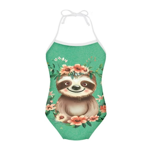 FOR U DESIGNS Sloth Floral One Piece Bathing Suit for Girls 5-6T Adorable Green Off Shoulder Summer Beach Swimwear Comfy Toddler Kids Halter Neck Bathing Suit