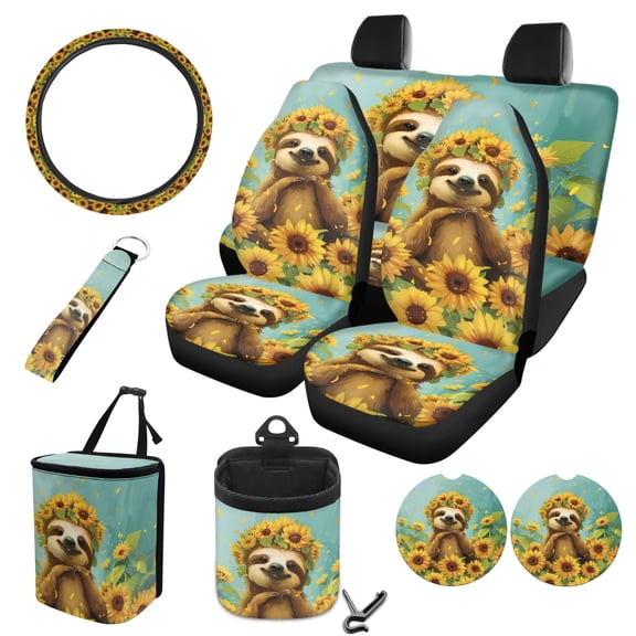 FOR U DESIGNS Sloth Sunflower Print 10 Pcs Car Seat Covers Set Elastic Front Rear Seat Covers, Steering Wheel Cover, Car Air Vent Storage, Car Garbage Can, Coaster, Keychain for Vehicle SUV Truck