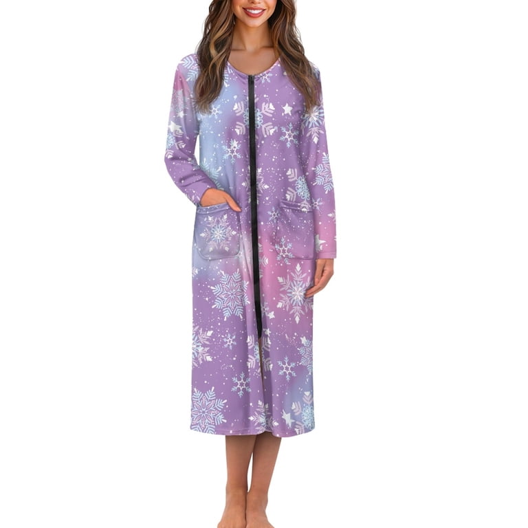 ForUDesigns For U Designs Snowflake Purple Pink Pattern House Dresses For Women Breathable House Dress with Pockets Lightweight Long Sleeve Duster