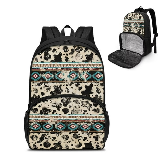 FOR U DESIGNS Soft Lunch Backpack for Women Men, Primary School Bag with Lunch Bag Compartment Aztec Cow Print Book Bag Large Capacity Work Office Daypack