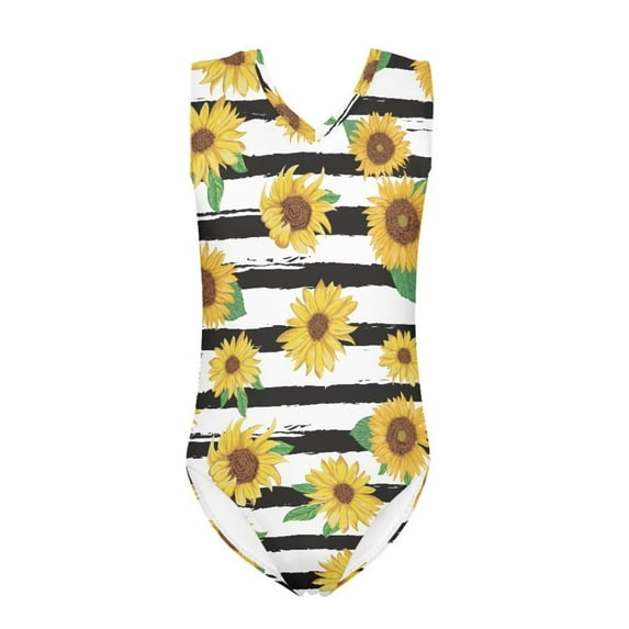 FOR U DESIGNS Soft One Piece Swimsuit Girls Black White Stripes Sleeveless Gymnastics Leotard for Kids Toddlers Sunflowers V Neck Bathing Suit Size 5-6