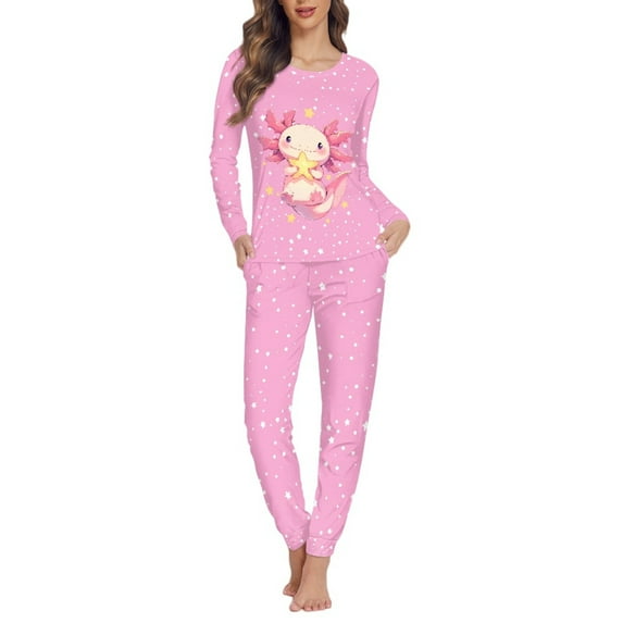 FOR U DESIGNS Star Axolotl Pj Sets for Women Long Sleeve Pants and Crew Neck Tops Set of 2 Size XS Nightwear for Women Ladies Pajama Set Lightweight Lounge Sleepwear