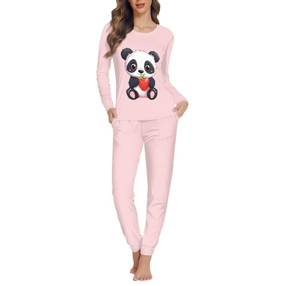 FOR U DESIGNS Starwberry Panda Pajamas for Women Set 2 Pack Pjs Lightweight Lounge Set with Pockets Size 3XL Ladies Sleepwear Long Sleeveless Crew Neck Tops for Women