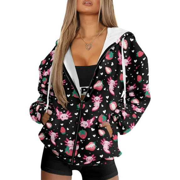 FOR U DESIGNS Strawberry Axolotl Ladies Hooded Sweatshirts Zipper Front Comfortable Oversized Hoodies Size S Hoodie Cardigans for Women Trendy Fall with Pockets Sportswear