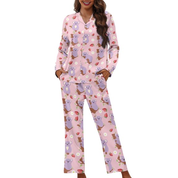 FOR U DESIGNS Strawberry Koala Pajamas Set Long Sleeve Sleepwear 2 Pack Size 3XL Button Down Nightwear Soft Pj Lounge Sets for Women Jogger Loungewear Pjs Fall