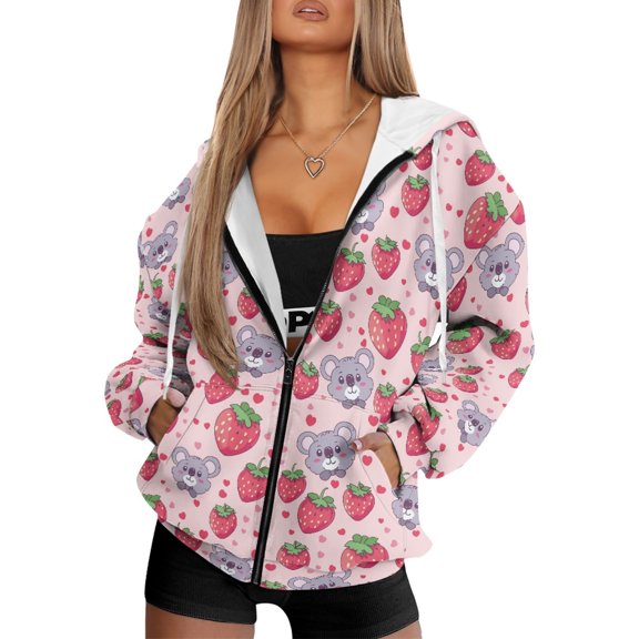 FOR U DESIGNS Strawberry Koala Zip Hoodies for Women Oversized Hooded Jackets Trendy Size XL Ladies Zip Up Hoodie with Pockets and Drawstring Women Polyester Sportswear