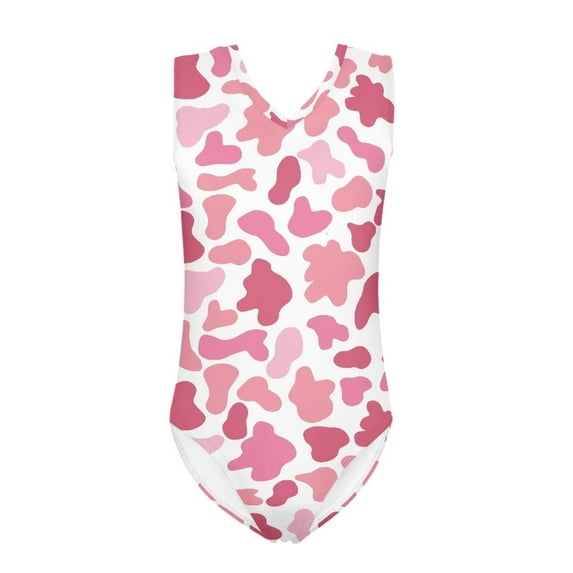 FOR U DESIGNS Stylish Girls Swimsuit One Piece Pink Cow Print Gymnastics Leotards Dancing Athletic Outfits Cute Kids Sleeveless V Neck Swimwear Size 11-12