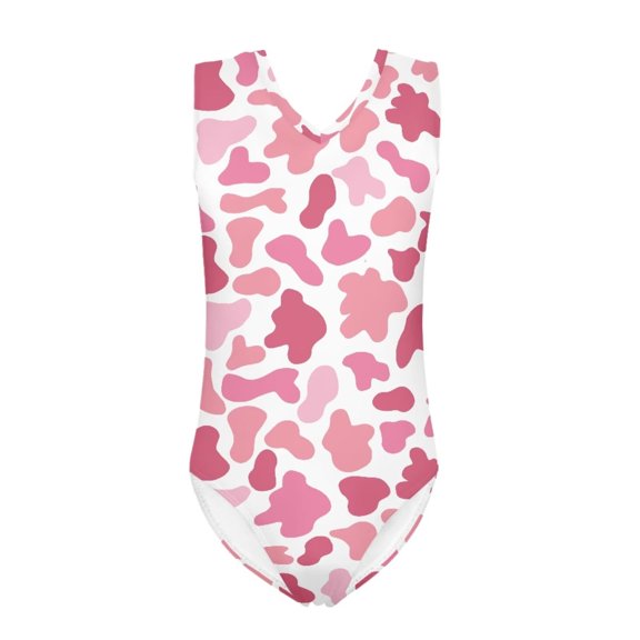 FOR U DESIGNS Stylish Girls Swimsuit One Piece Pink Cow Print Gymnastics Leotards Dancing Athletic Outfits Cute Kids Sleeveless V Neck Swimwear Size 13-14