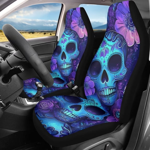 FOR U DESIGNS Sugar Skull Flower Pattern Car Seat Covers Lightweight Auto Seat Protectors Elastic Car Accessories Decoration Auto Front Seats Only, Fit for Sedan Truck SUV