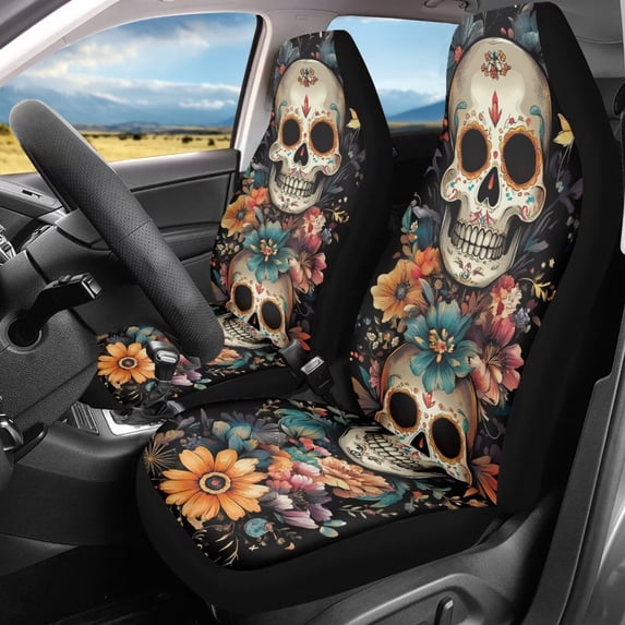 FOR U DESIGNS Sugar Skull Marigold Print 2 Pcs Car Seat Covers Anti-Slip Automotive Front Seat Cover Washable Car Seat Protector Vehicle Accessories Universal Fit for SUV Truck Sedan