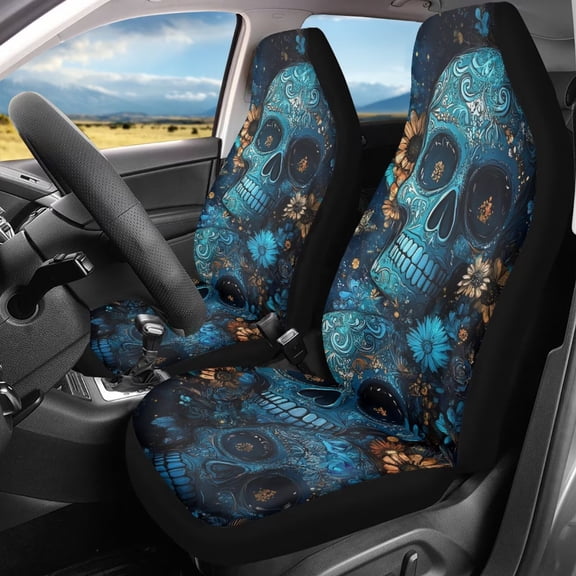 FOR U DESIGNS Sugar Skull Sunflower Print 2 Pack Car Seat Cover Elastic Automotive Seat Cushion for Women Men Replacement Vehicle Interior Decoration Fit for Cars SUV Truck Sedan