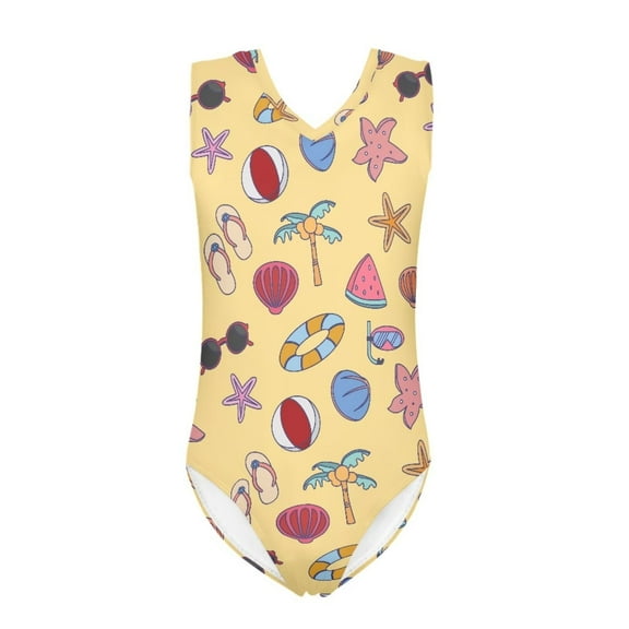 FOR U DESIGNS Summer Theme One Piece Bathing Suit Girls Casual Rash Guard Swimsuit Size 7-8T Yellow V Neck Athletic Sleeveless Swimwear for Beach Swimming