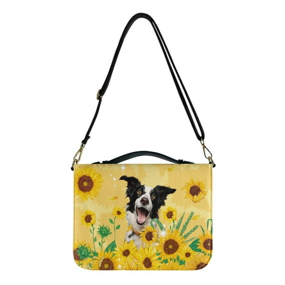 FOR U DESIGNS Sunflower Border Collie Bible Case for Women PU Reusable Sturdy Bible Protective Carrier Size 2XL Abrasion Bible Book Cover Carrying Case Lightweight Crossbody Bible Bag