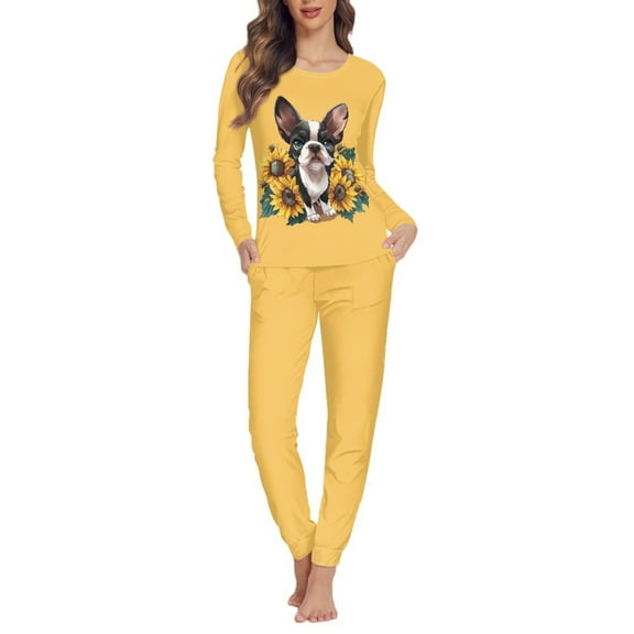 FOR U DESIGNS Sunflower Boston Terrier Pajamas for Women Sleepwear Pajama Set 2 Pack Size 2XL Ladies Nightwear Soft Long Pants and Crew Neck Tops Pjs for Women