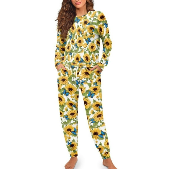 FOR U DESIGNS Sunflower Butterfly Women's Drawstring Pajamas Set Sleepwear Long Sleeve Crew Tops 2 Piece Size 2XL Nightwear Long Pants with Pockets for Women Winter