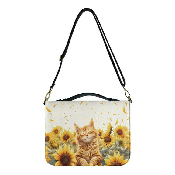FOR U DESIGNS Sunflower Cat Bible Bags for Women Tote Reusable PU Leather Bible Case with Adjustable Strap Bible Study Tote Bag Personalized Book Organizer Bag for Bible Study Religious Size L