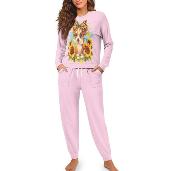 FOR U DESIGNS Sunflower Corgi Women's Long Sleeve Drawstring Pajamas Set 2 Piece Size S Sleepwear Crew Neck and Pants Pjs Lightweight Lounge Set with Pockets