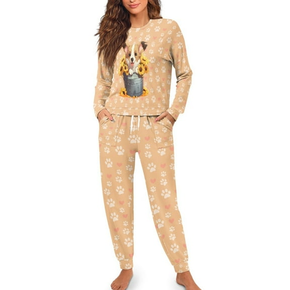 FOR U DESIGNS Sunflower Corgi Women's Long Sleeve Drawstring Pajamas Set 2 Piece Size S Sleepwear Crew Neck Tops and Pants for Women Nightwear Comfortable Jogger Pj