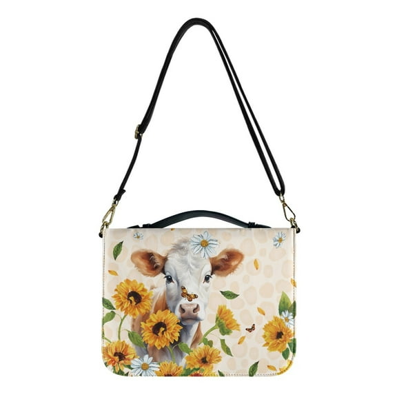 FOR U DESIGNS Sunflower Cow Bible Case Cow Print Bible Bags for Women Organizer with Shoulder Strap PU Sturdy Bible Protector Size M Lightweight Sturdy Bible Carrier with Handle