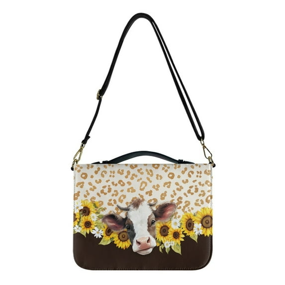 FOR U DESIGNS Sunflower Cow Bible Cover for Women Leopard Print PU Leather Bible Study Bags and Totes Size L Lightweight Bag Bible Protective with Zipper Book Case Handbag