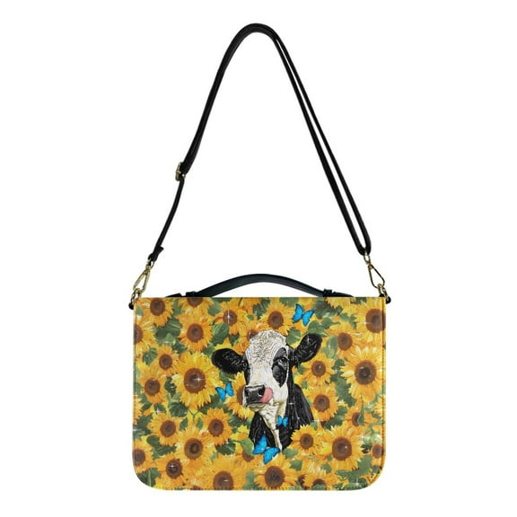 FOR U DESIGNS Sunflower Cow Butterfly Leather Bible Bags Soft Bible Case with Shoulder Strap Leather Bible Bags Organizer Size Medium Portable Bible Case Bag Book Carrying Case Bible Accessory