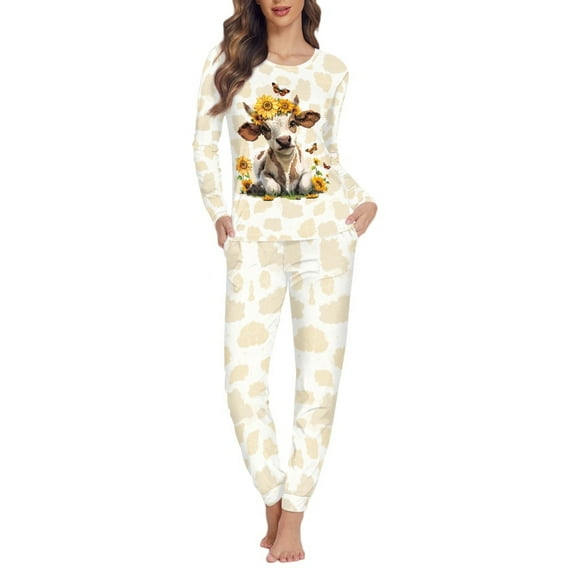 FOR U DESIGNS Sunflower Cow Pjs Sets for Women Long Sleeve Nightwear for Women Pajama Set 2 Pack Size 2XL Sleep Lounge Pants Women Pj Outfits Crew Neck Tops for Women