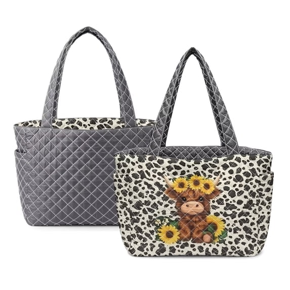 FOR U DESIGNS Sunflower Highland Cattle Print Tote Bag for Women, Quilted Two Tone Top Handbag with Pockets Double Sided Usable Shoulder Bag, Large Capacity Tote Handbag for Travel