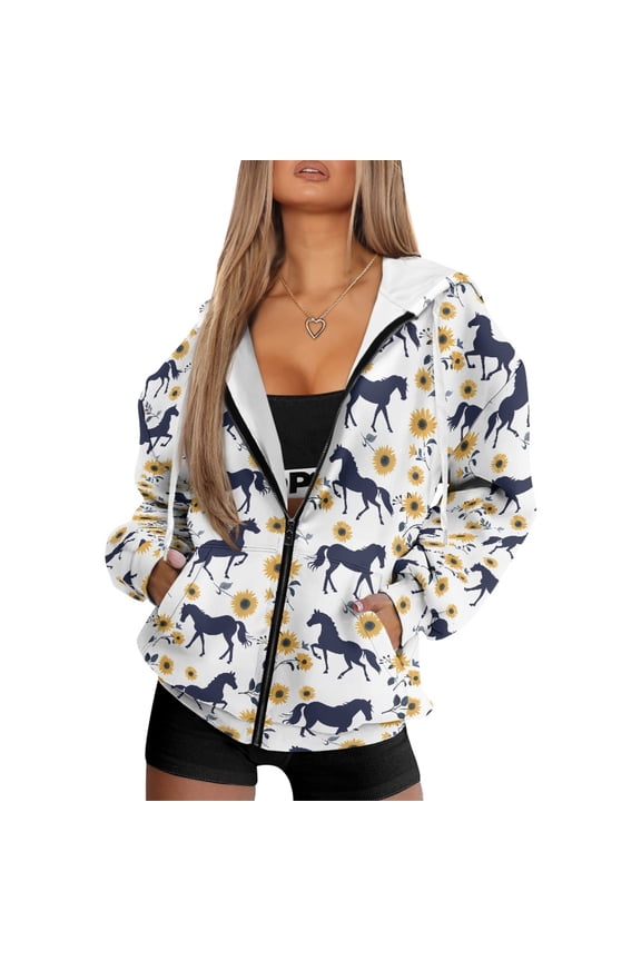 FOR U DESIGNS Sunflower Horse Zip Hoodies for Women Oversized Cardigan Hoodie Size XL Hooded Cardigans for Women Trendy Fall with Pockets Ladies Comfortable Activewear