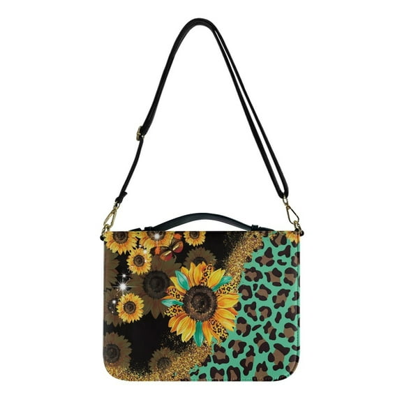 FOR U DESIGNS Sunflower Leopard Print Bible Case with Strap Leather Bible Covers for Men Size Medium Easy to Clean Sturdy Bible Protective Carrier with Handle Bible Cover Case for Women